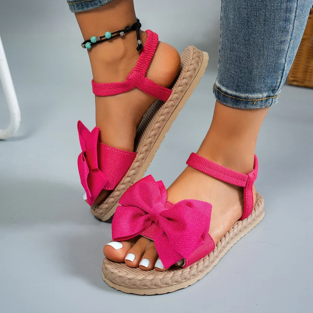 Lightweight Pink Bow Tie Flat Sandals