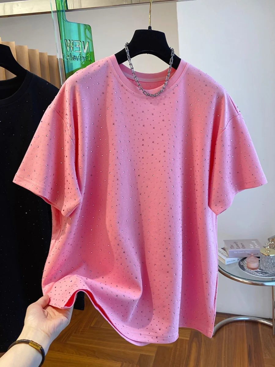 Pink Rhinestone Round Neck Loose Tee