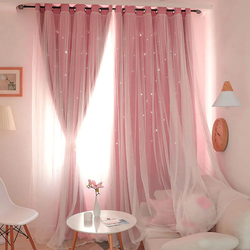 Pink Star Blackout & Tulle Double Layer Curtains