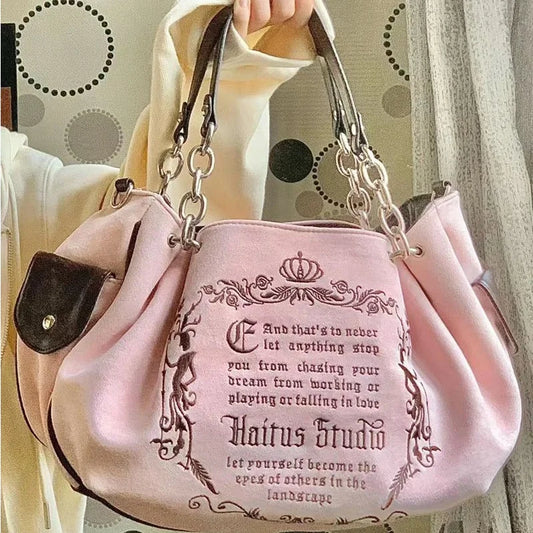 Pink Y2K Gothic Embroidery Letter Tote Bag