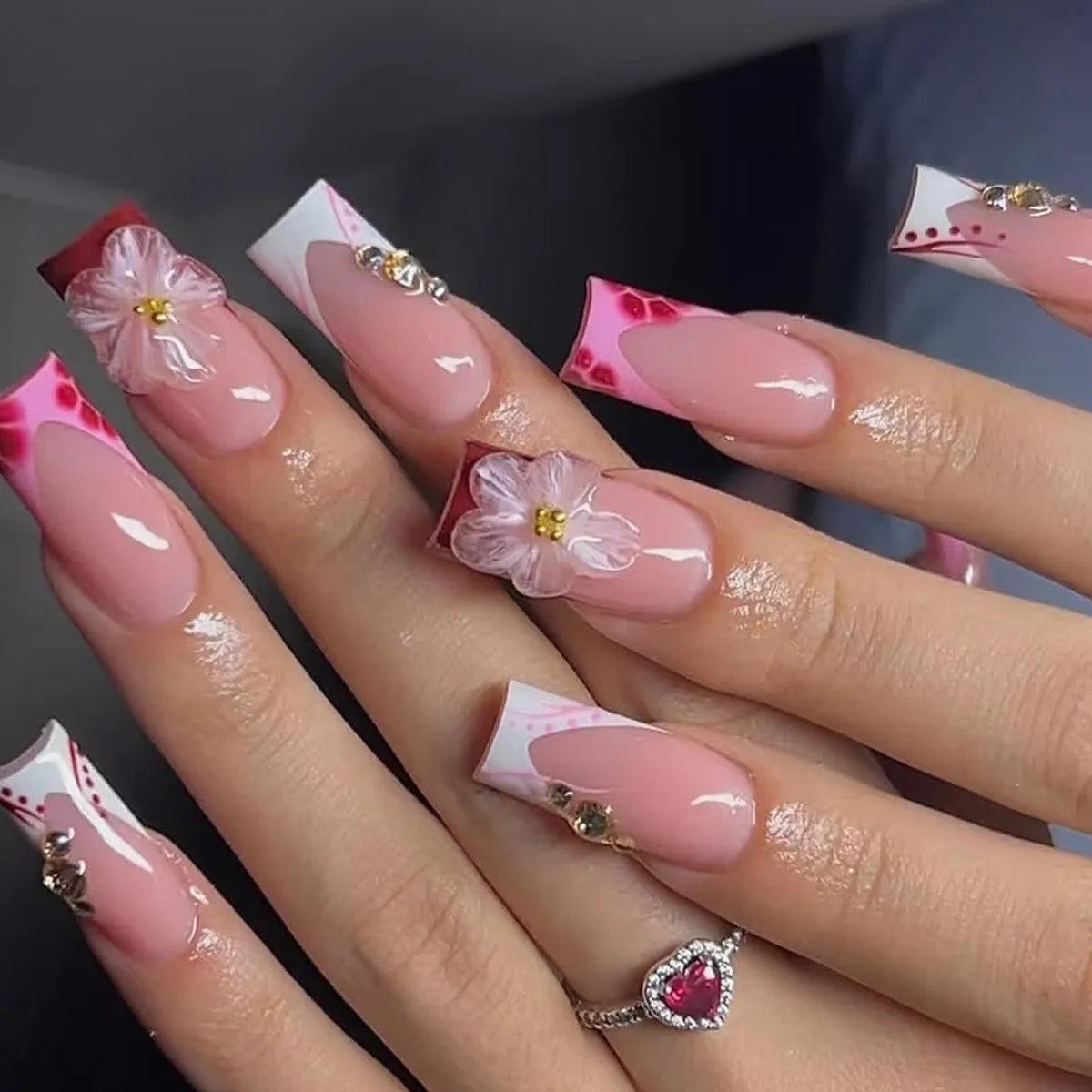 24pcs Pink French, Floral, and 3D Charm Press-On Nails