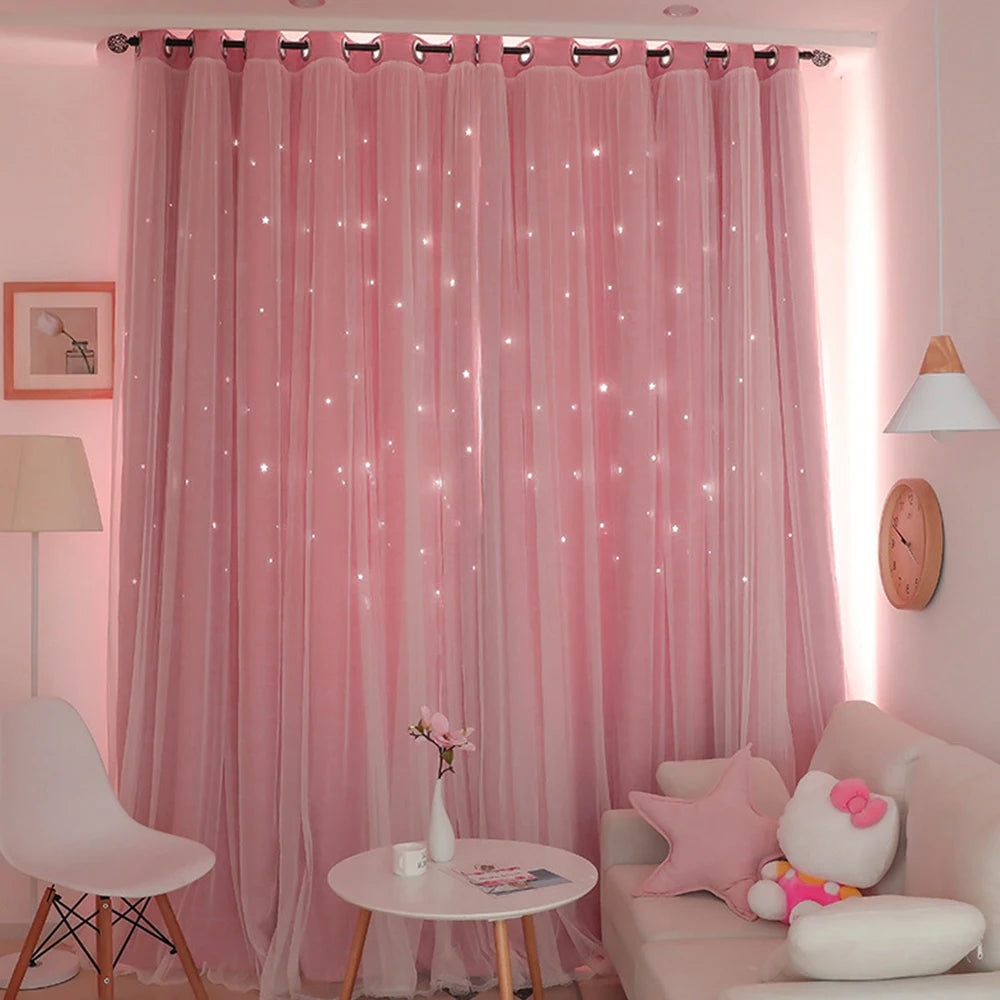 Pink Star Blackout & Tulle Double Layer Curtains