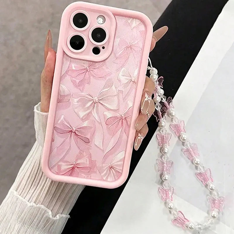 Pink Bow Pattern Butterfly Charm iPhone Case
