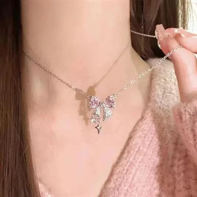 Pink Crystal Bow Y2K Heart Necklace