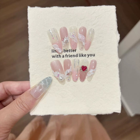 Pink Heart Rhinestone Stiletto Press-On Nails