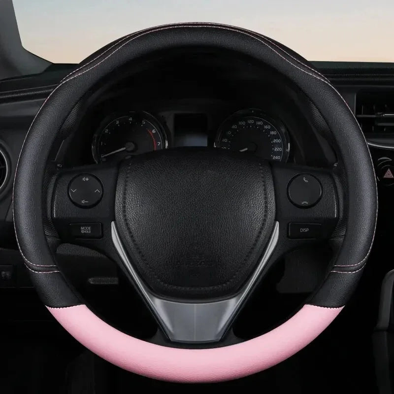Pink & Black PU Leather Steering Wheel Cover
