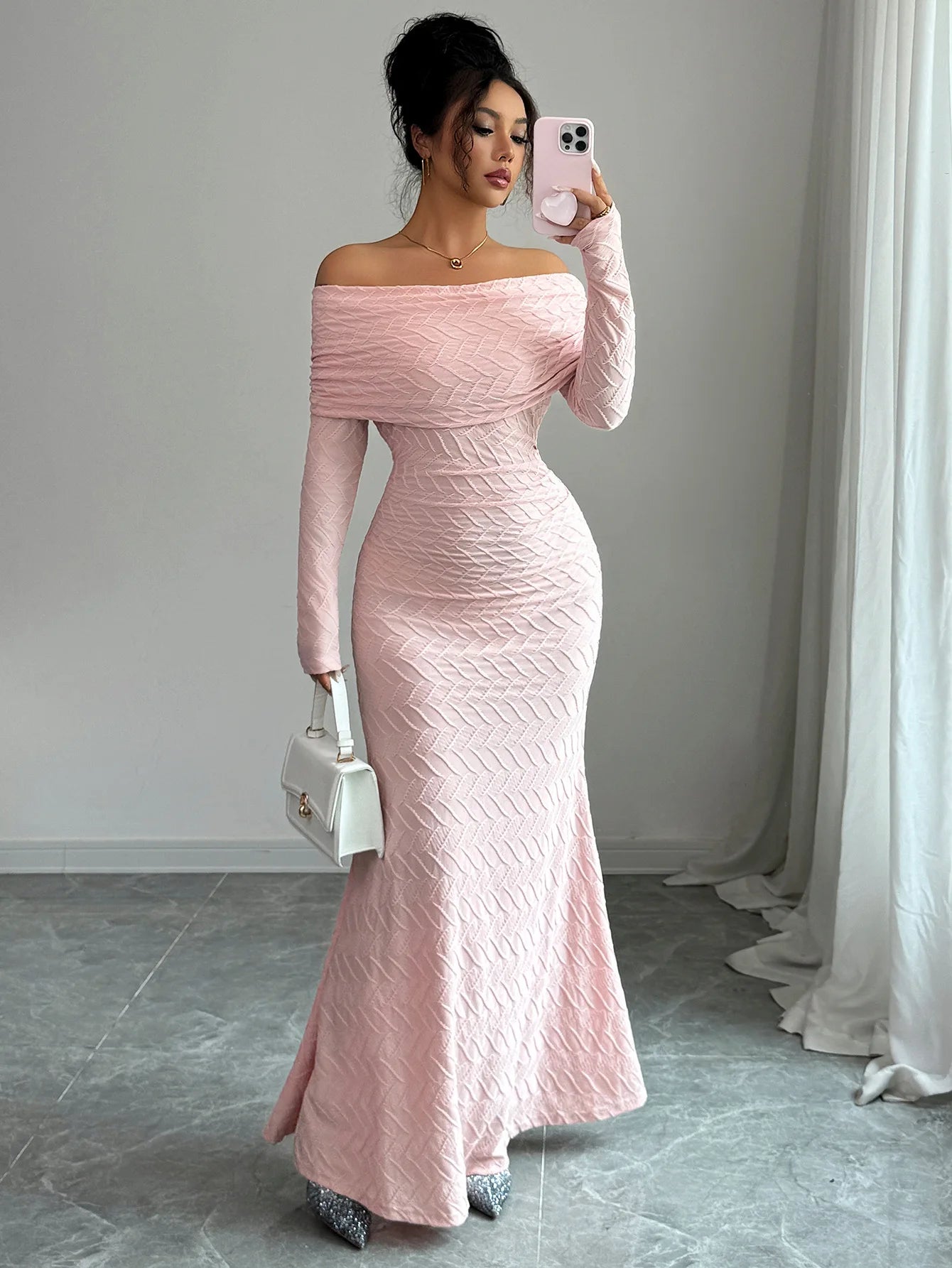 Pink Textured Off-Shoulder Long Sleeve Maxi Dress