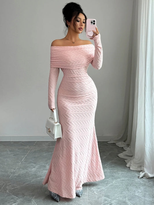 Pink Textured Off-Shoulder Long Sleeve Maxi Dress
