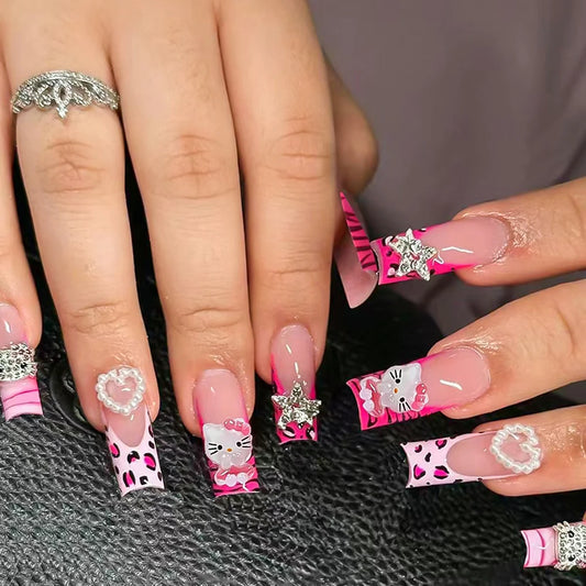 Pink Hello Kitty Leopard French Press-On Nails