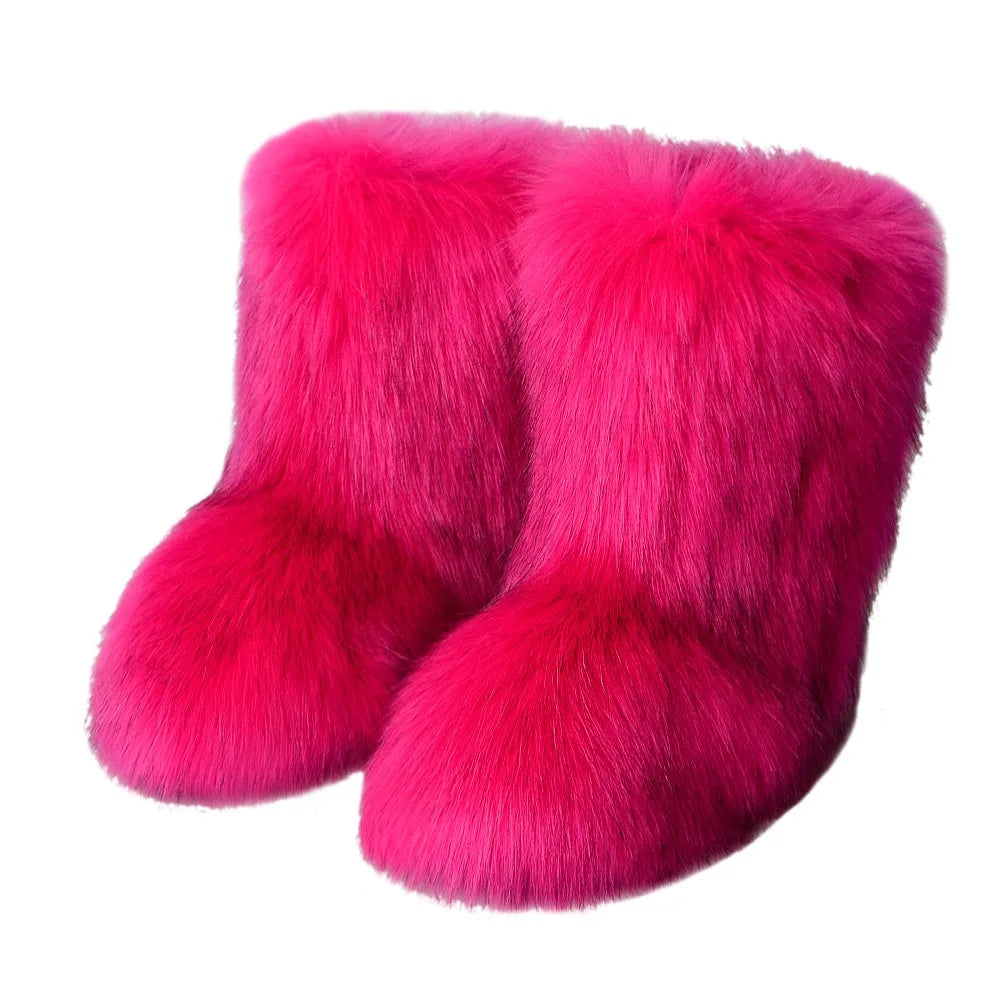 Faux Raccoon Fur Mid-Leg Snow Boots