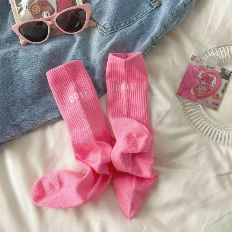 Pink High Waist Letter Sports Socks
