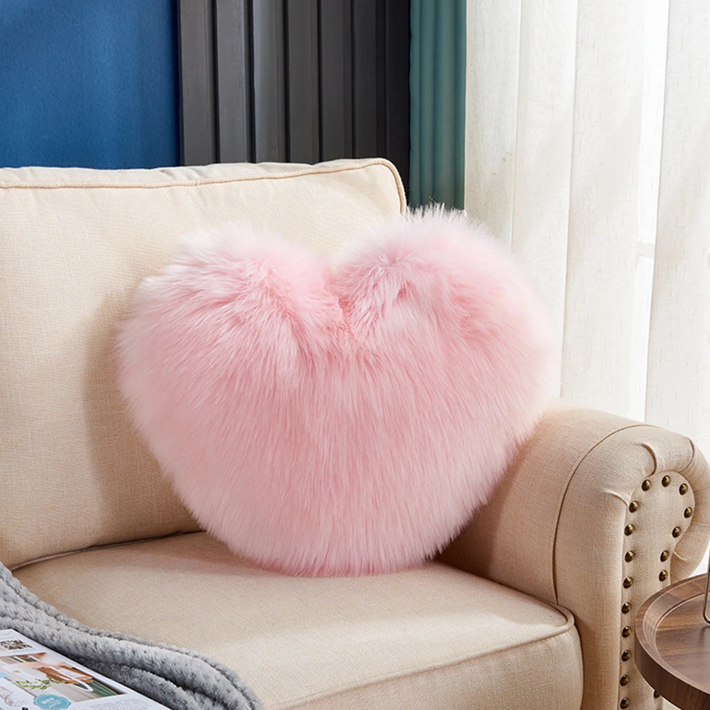 Pink Fluffy Heart Throw Pillow