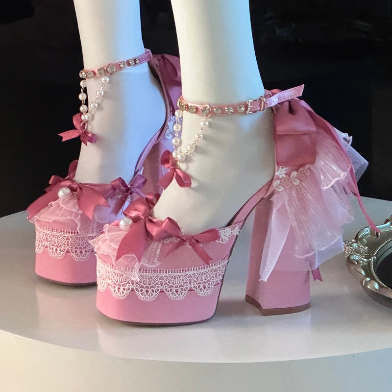 Pink Lolita Pearl Bow Platform Heels
