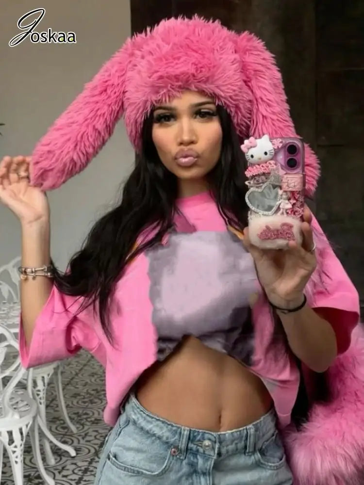 Pink Cute Rabbit Eared Plush Bomber Hat