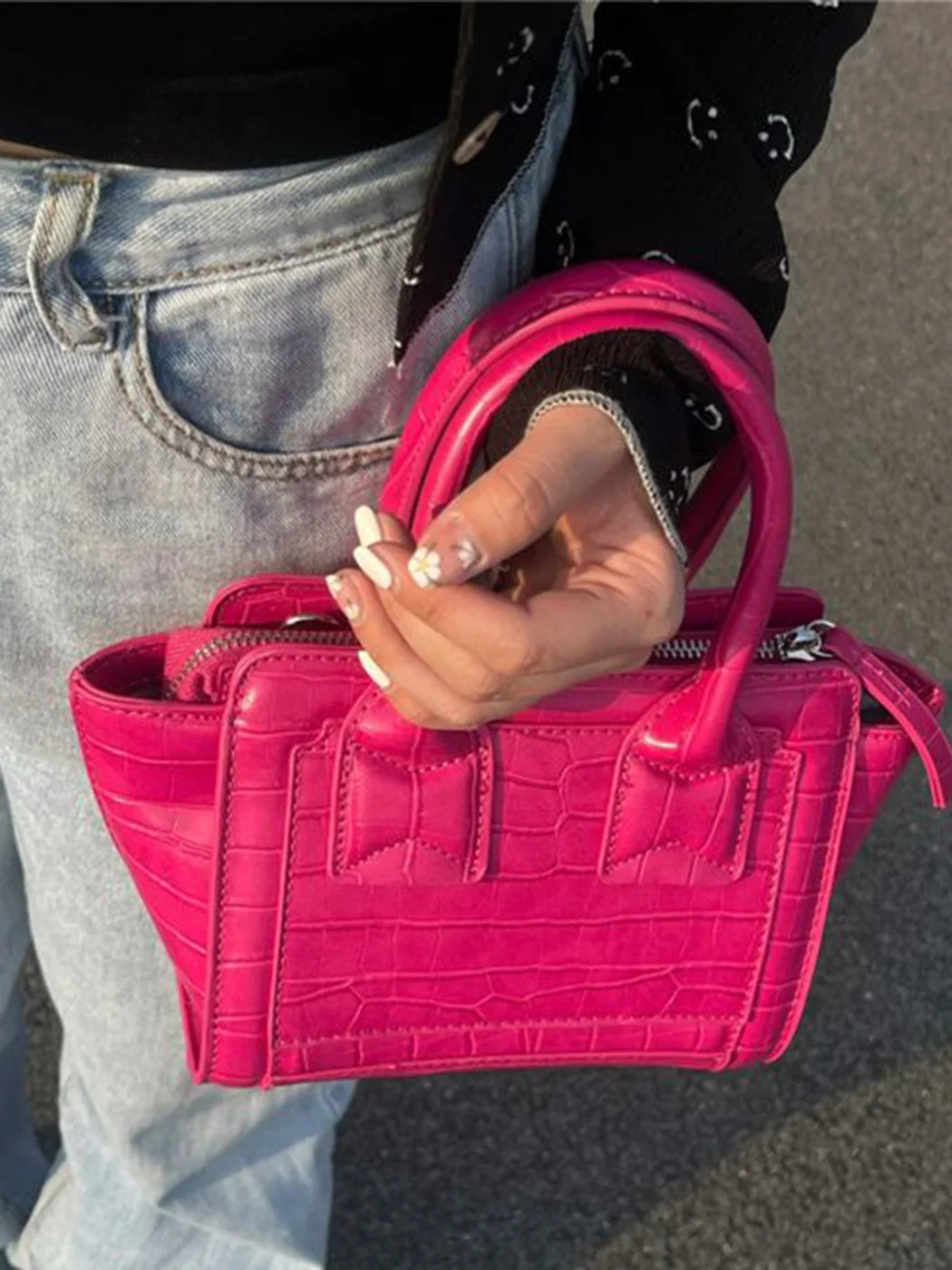 Vintage Pink Crocodile Pattern Bucket Bag