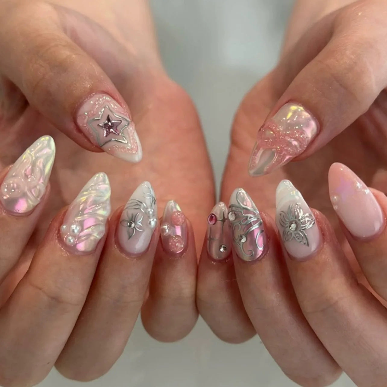 24pcs Luxury Pink Nail Art Collection: 3D Charms & Soft Gel Tips