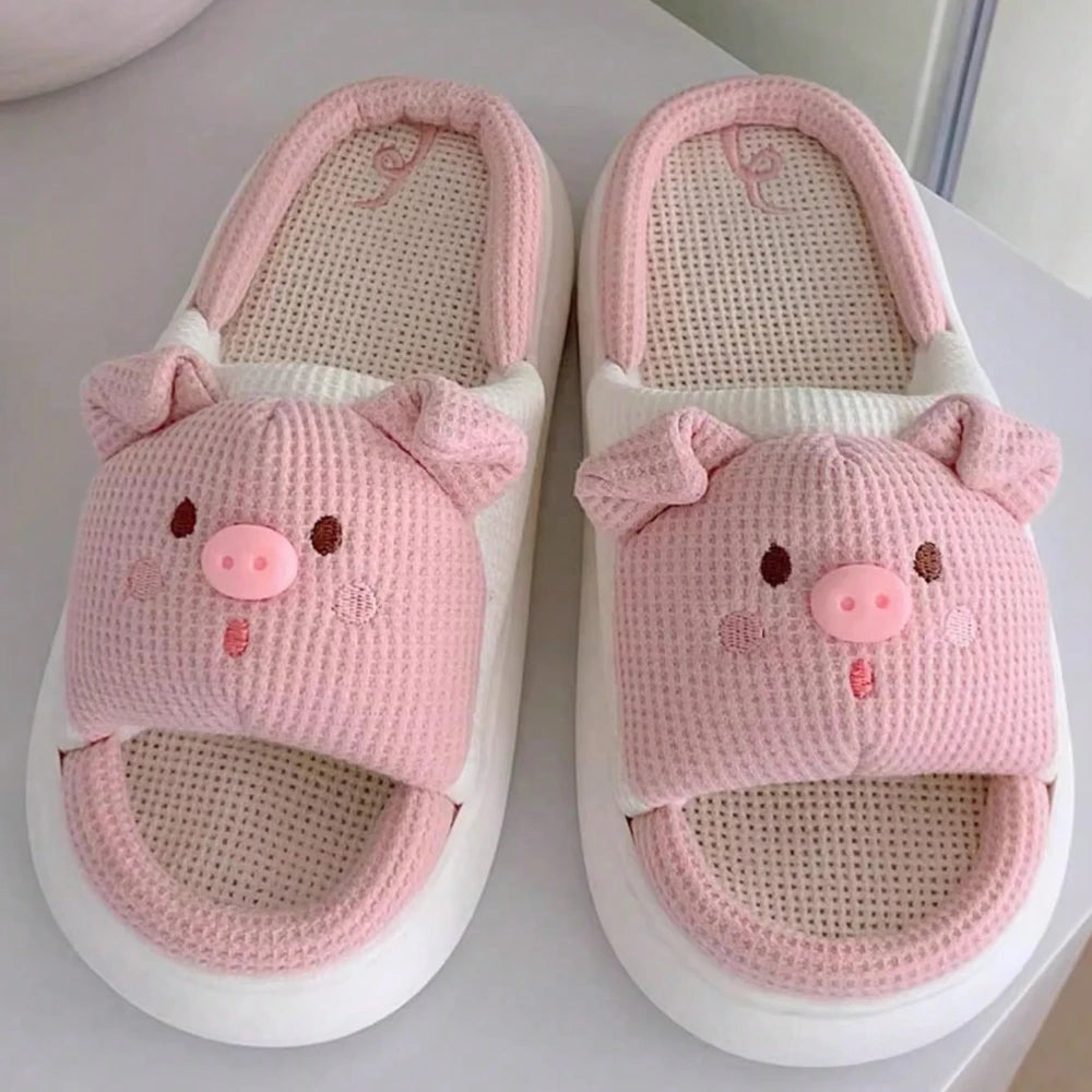 Pink Piggy Linen Slippers