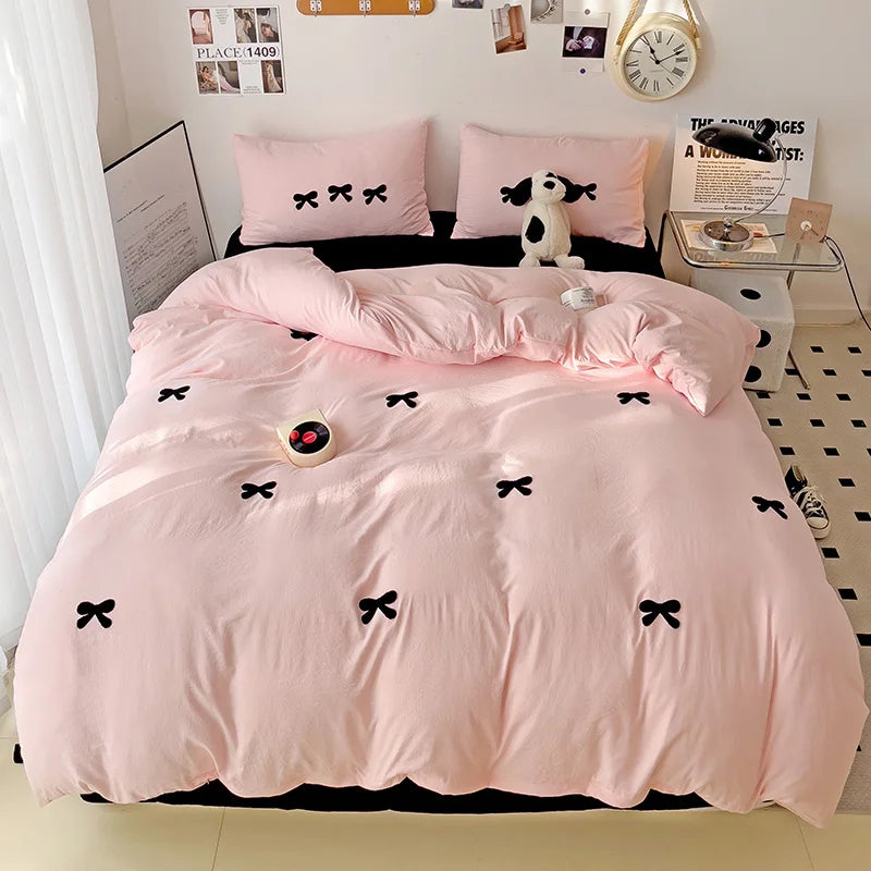 Pink Bow Embroidery Duvet Set