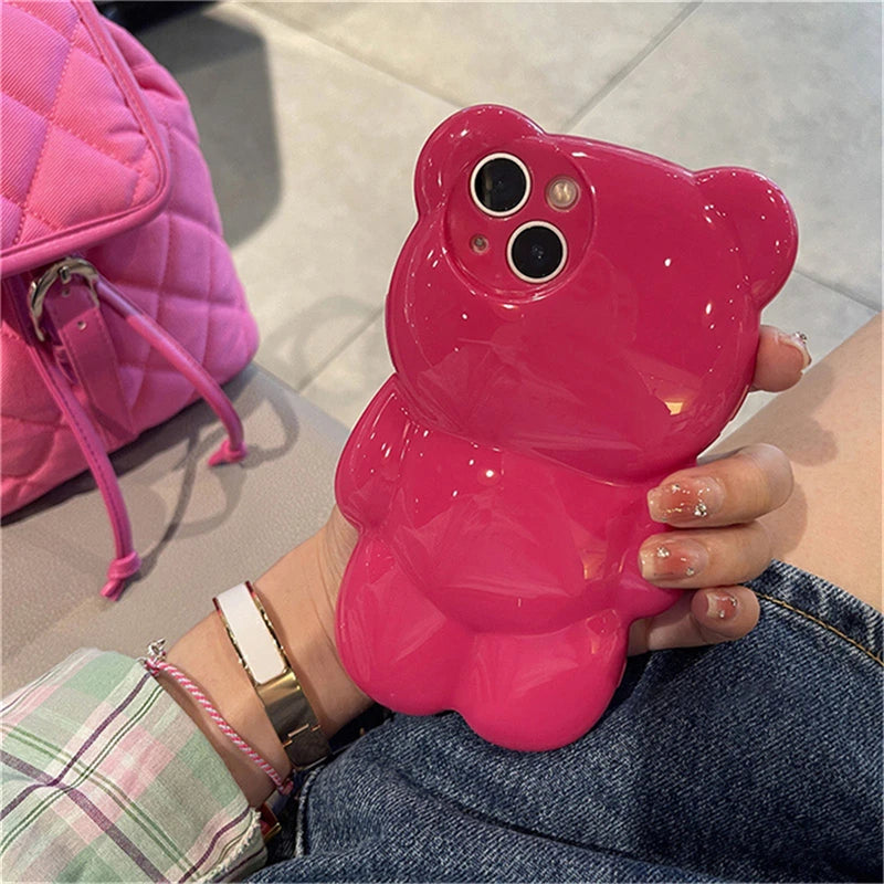 Pink 3D Cartoon Bear iPhone Case