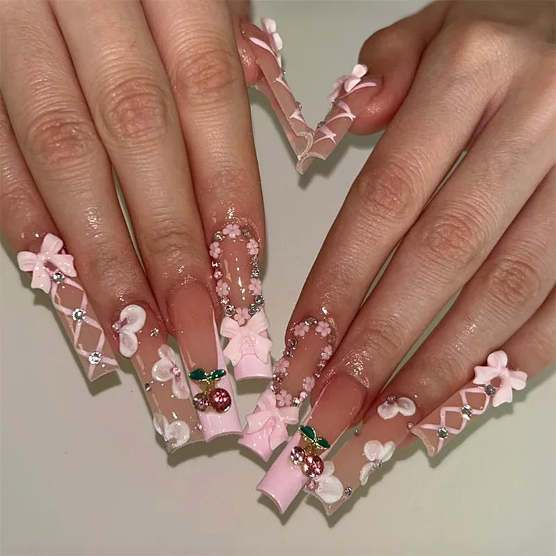 Pink 3D Flower & Butterfly Mega Charm Press-On Nails