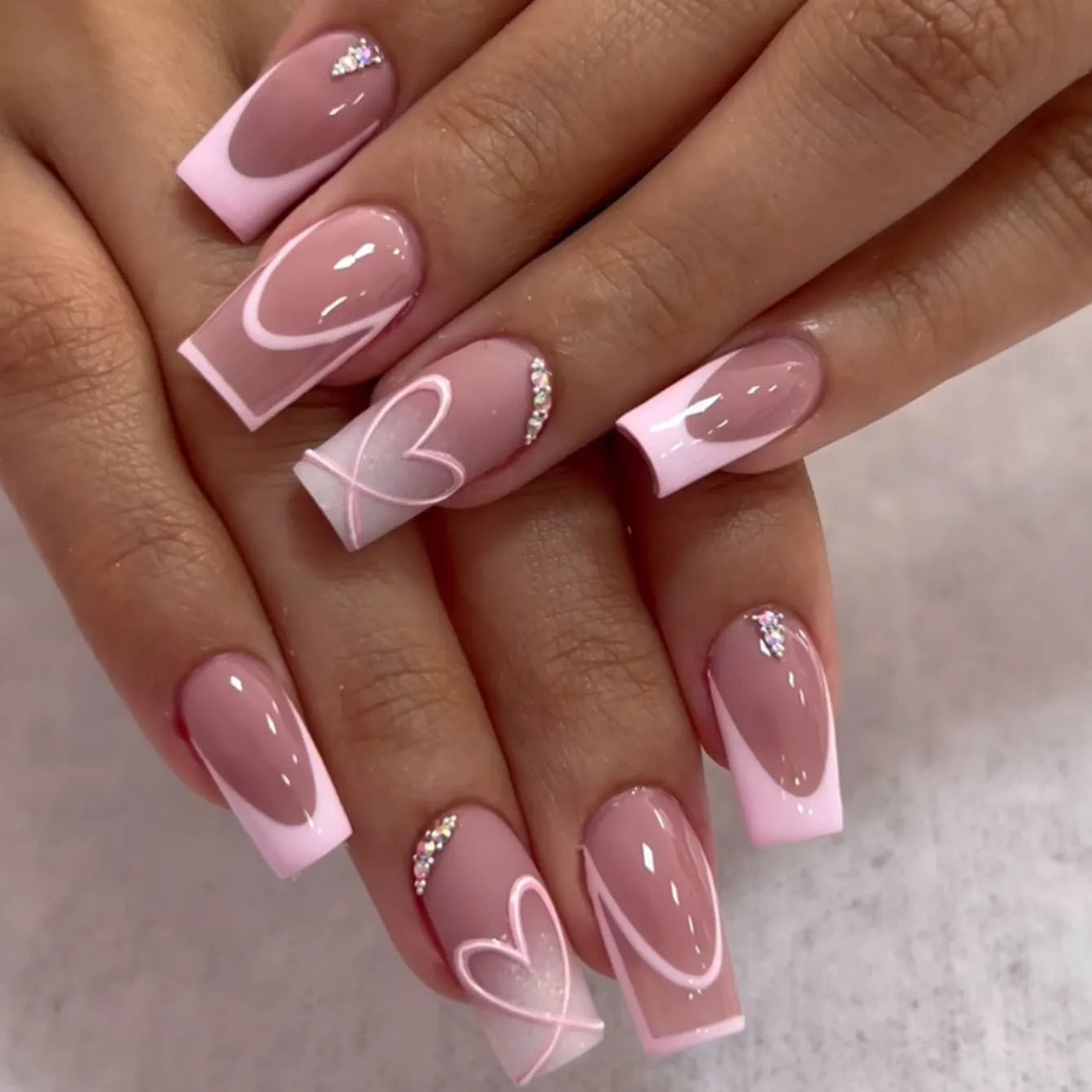 24pcs Pink French, Floral, and 3D Charm Press-On Nails