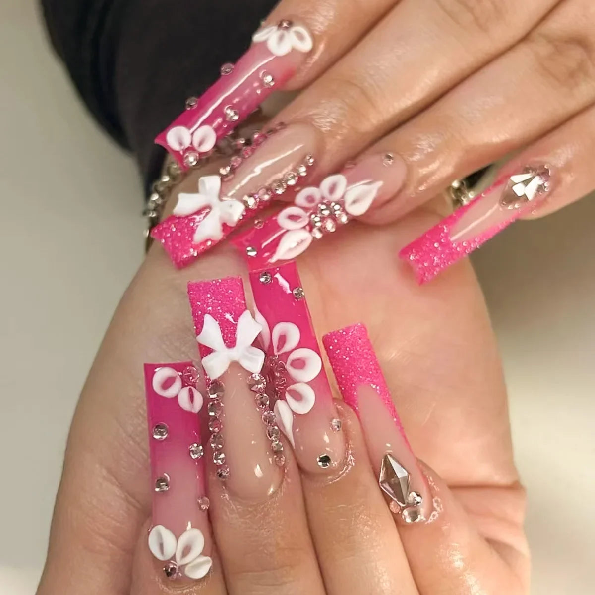 Pink 3D Flower & Butterfly Mega Charm Press-On Nails