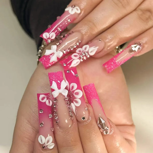 Pink 3D Flower & Butterfly Mega Charm Press-On Nails