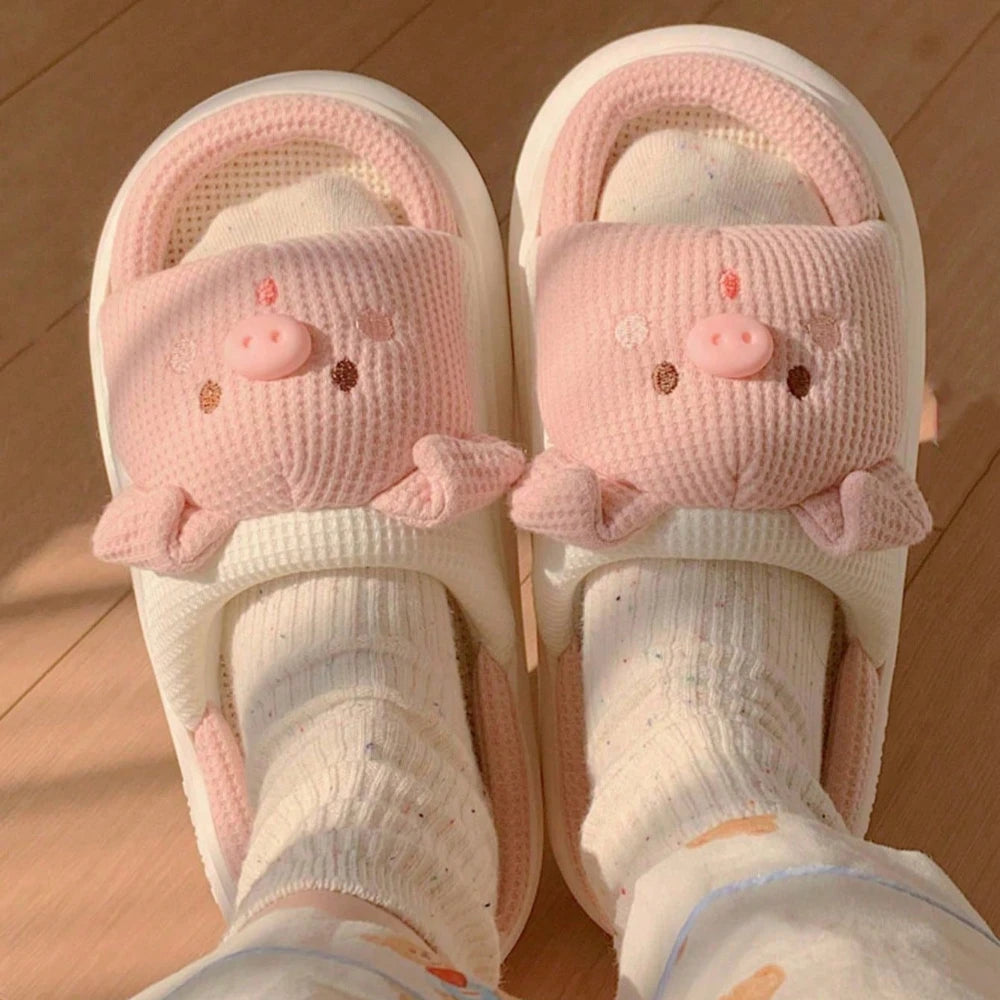 Pink Piggy Linen Slippers