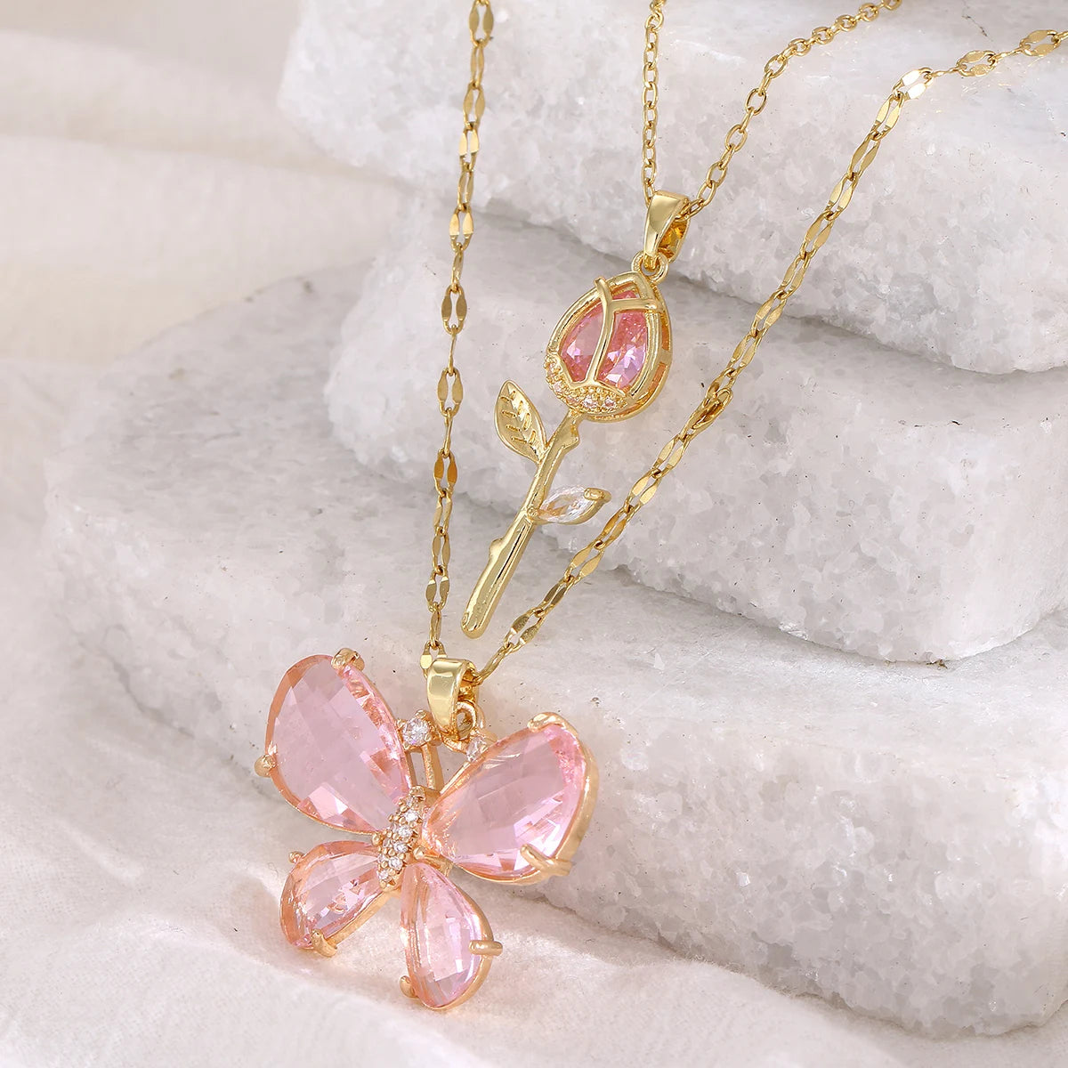 Pink Butterfly Zircon Rose Necklace