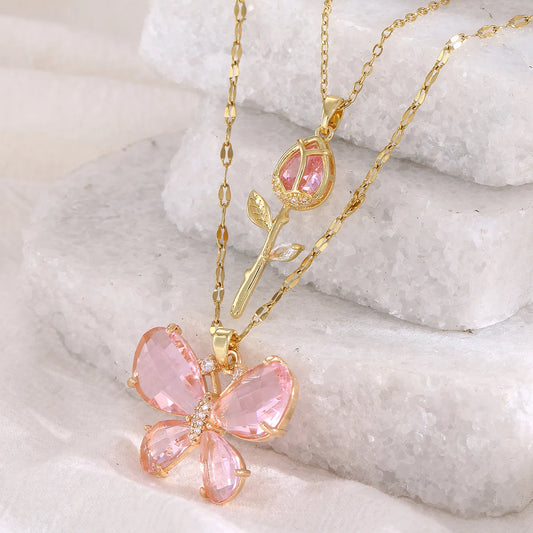 Pink Butterfly Zircon Rose Necklace
