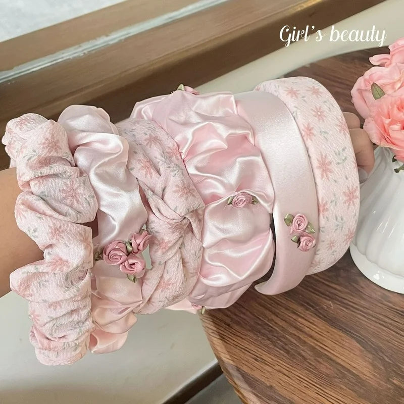 Pink Pleated Flower Plate Wide-Brim Headband