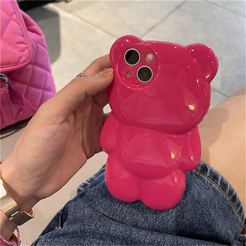 Pink 3D Cartoon Bear iPhone Case