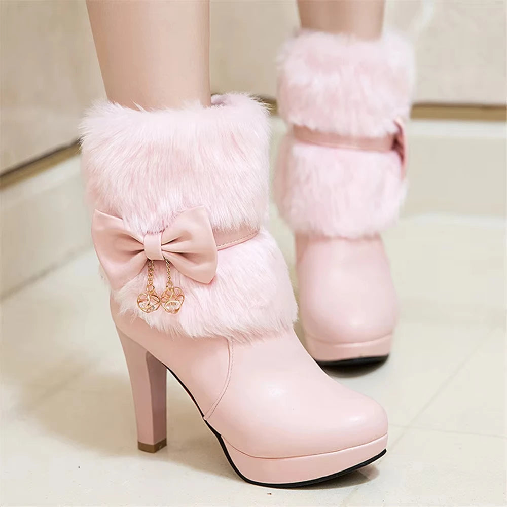 Pink High Heel Winter Boots