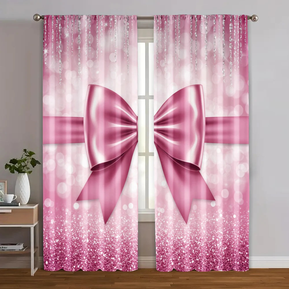 Pink Bow Print Polyester Curtains (2pc)