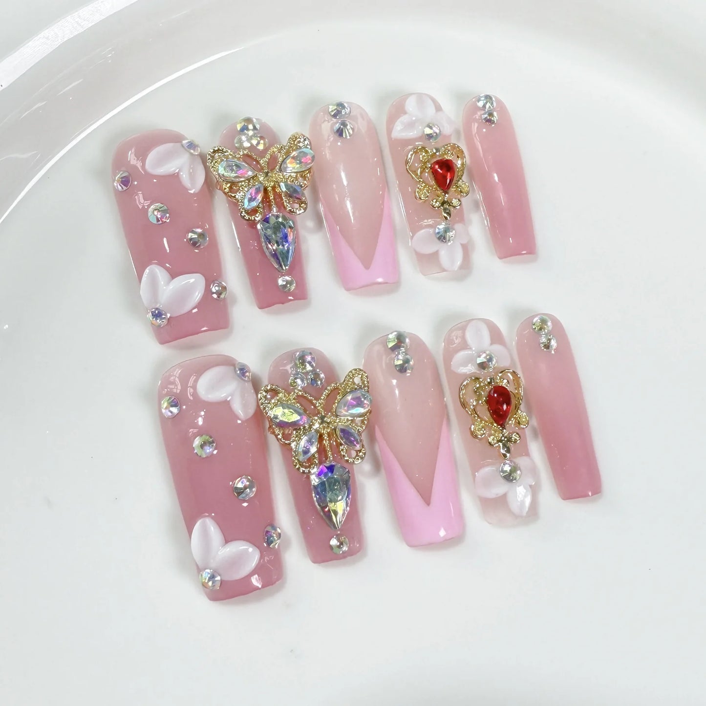 10pcs Pink Crystal Butterfly Press-On Nails