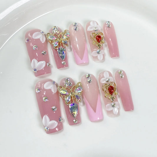 10pcs Pink Crystal Butterfly Press-On Nails