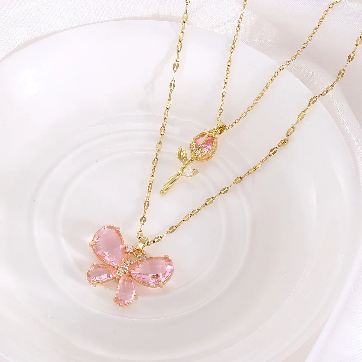Pink Butterfly Zircon Rose Necklace