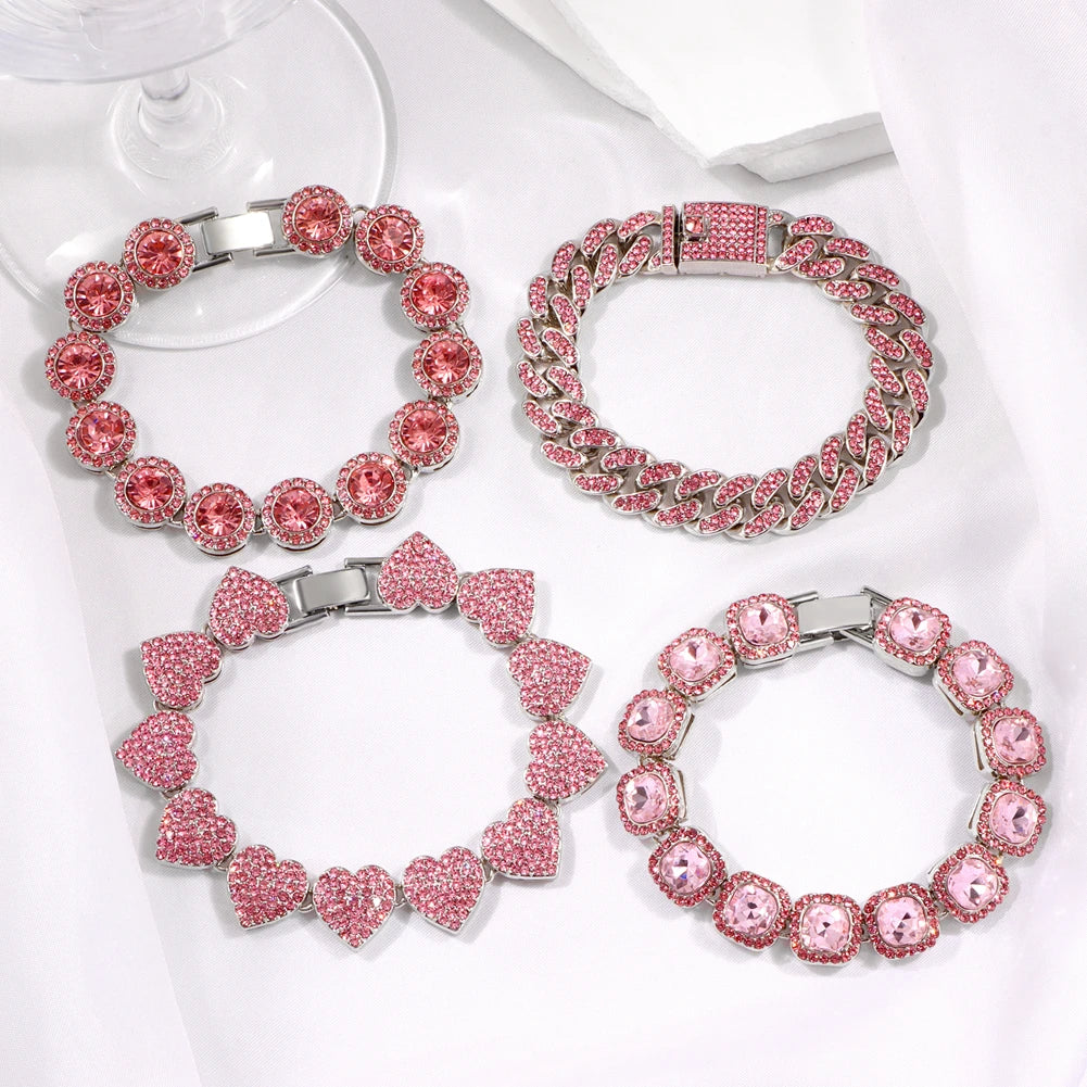 Pink Hip Hop Iced Out 4Pcs Cuban Bracelet Set
