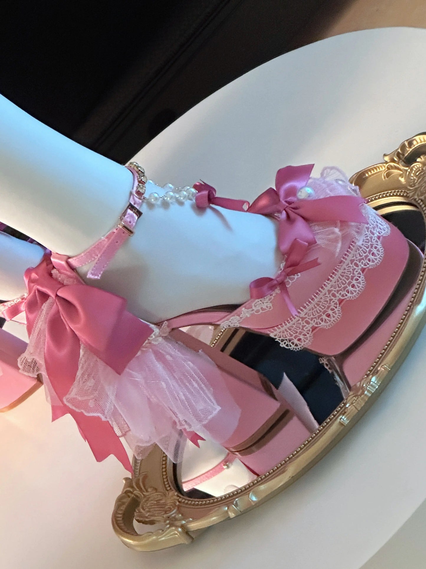 Pink Lolita Pearl Bow Platform Heels