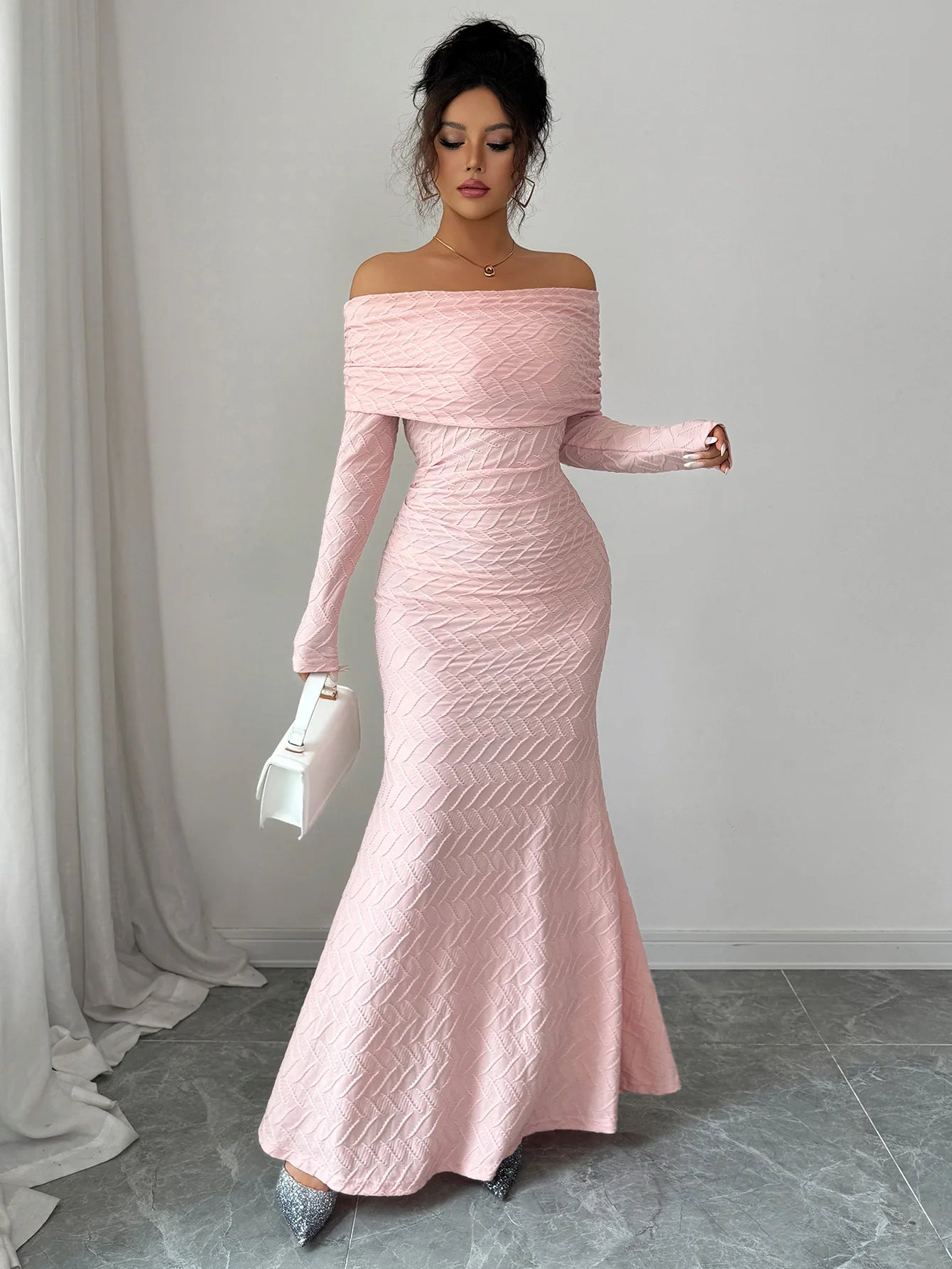 Pink Textured Off-Shoulder Long Sleeve Maxi Dress