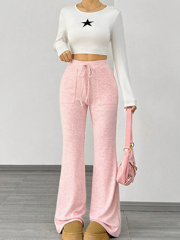 Pink Knitted Lace-up Trousers