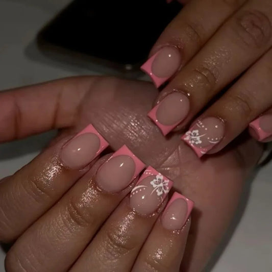 Pink French White Flower Press-On Nails