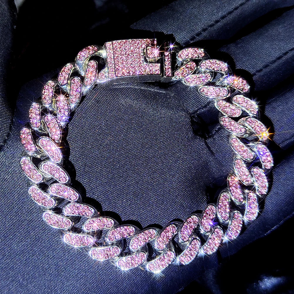Pink Hip Hop Iced Out 4Pcs Cuban Bracelet Set