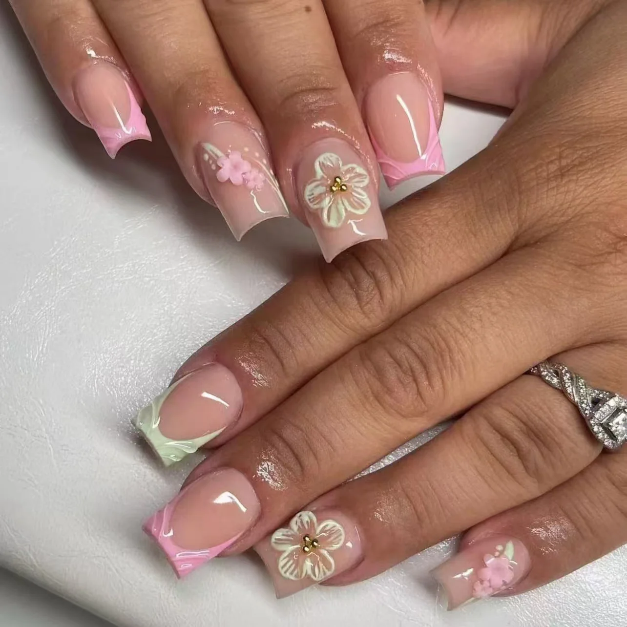 24pcs Pink French, Floral, and 3D Charm Press-On Nails