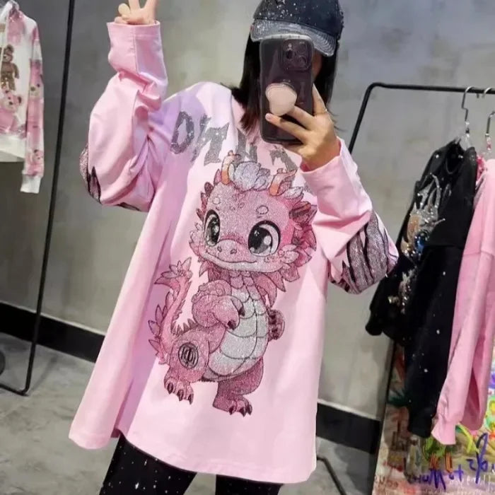 Plus Size Pink Rhinestone Dinosaur Long Sleeve Tee