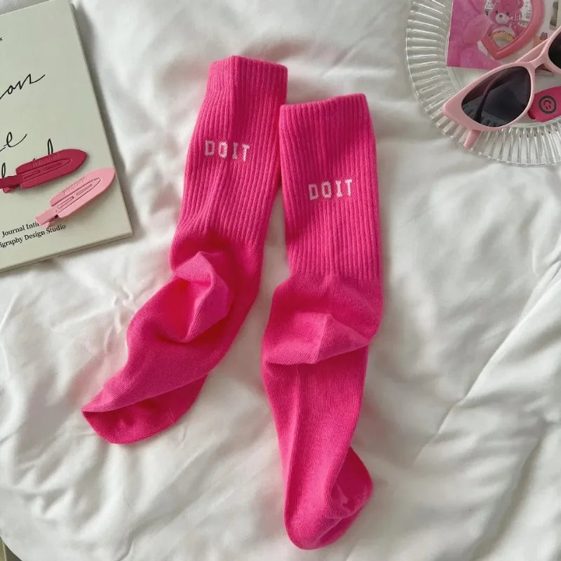 Pink High Waist Letter Sports Socks