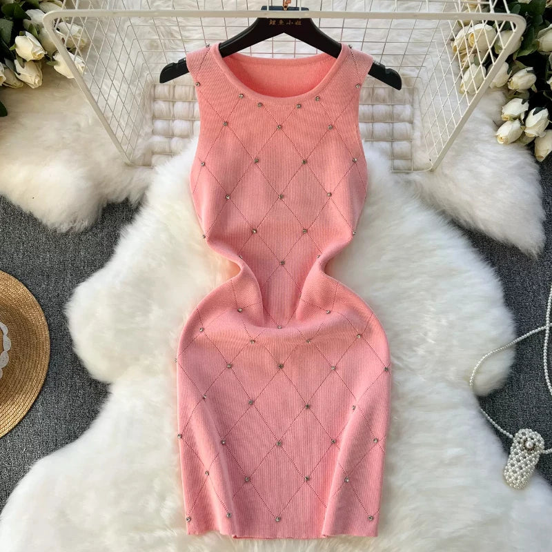 Pink Beading Knit Bodycon Mini Dress