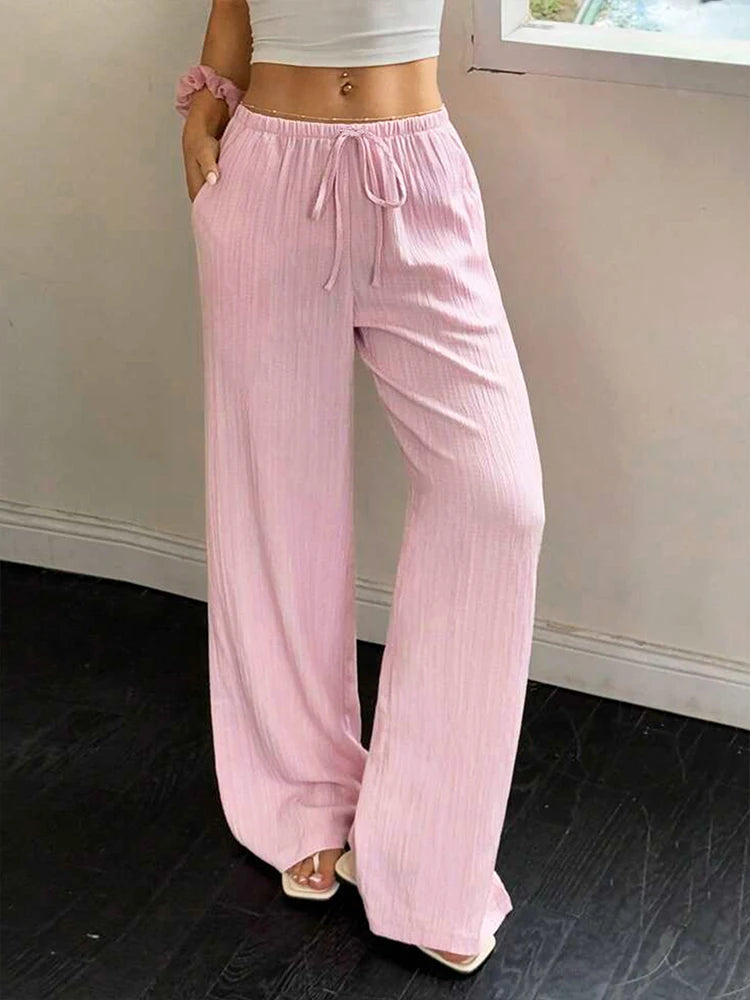 Pink Lace-up Slim Trousers