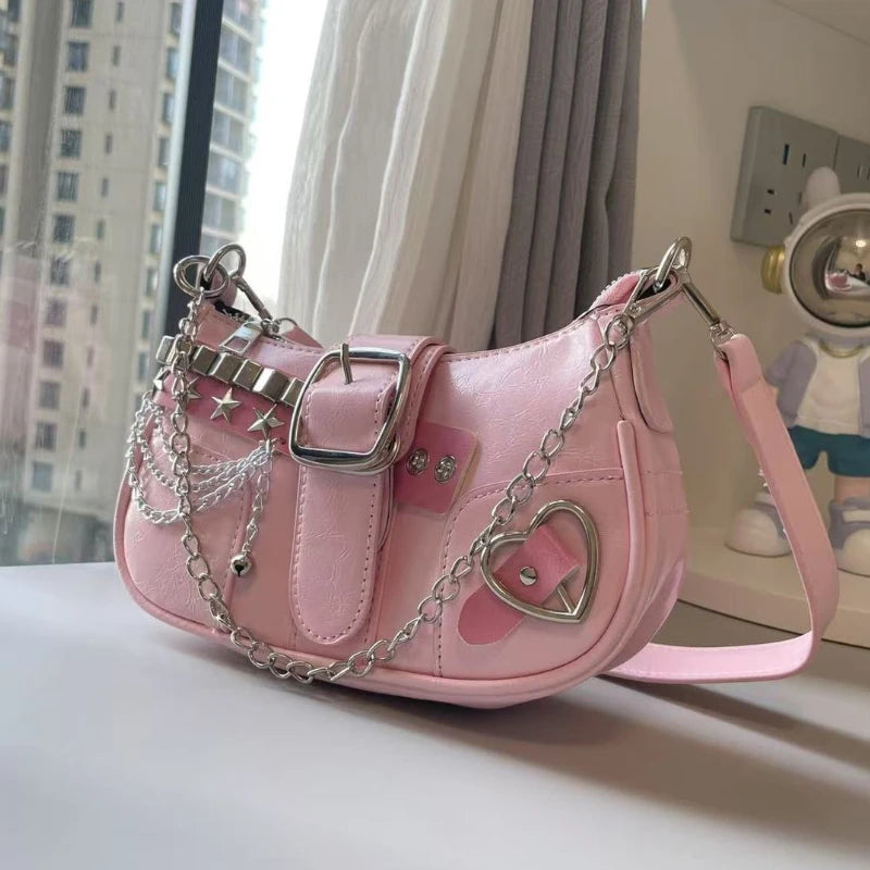 Pink Retro Rivet Star Square Shoulder Bag