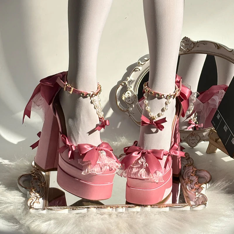 Pink Lolita Pearl Bow Platform Heels